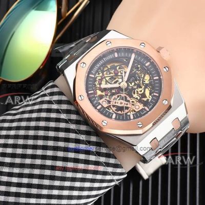 Perfect Replica Audemars Piguet Royal Oak Two Tone Rose Gold 45mm watches Black Hollow Dial